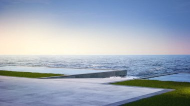 Gölette suyun yanında boş beton teras. Deniz ve temiz gökyüzü arkaplanlı 3D havuz oluşturma.