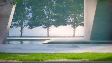 Gölette suyun yanında boş beton teras. Bahçe ve deniz arka planına sahip soyut gri binanın 3D görüntüsü.