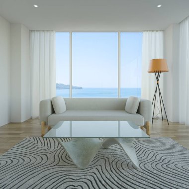 Modern evdeki oturma odasının ahşap zeminindeki kanepe. Deniz manzaralı asgari ev içi 3D görüntüleme.