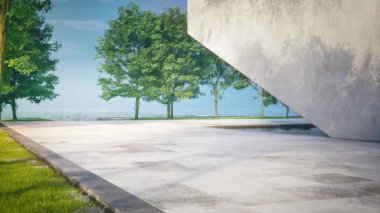 Gölette suyun yanında boş beton teras. Deniz ve açık gökyüzü arkaplanı olan soyut gri binanın 3D görüntülemesi.