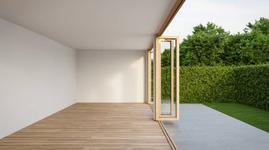 Boş beyaz oda, ahşap çerçeveli cam kapılar bahçeye açılıyor. Modern ev iç mimarisi 3D görüntüleme.