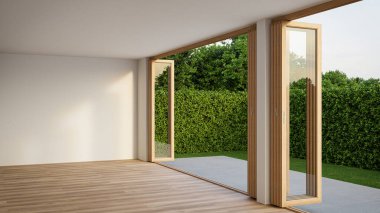 Boş beyaz oda, ahşap çerçeveli cam kapılar bahçeye açılıyor. Modern ev iç mimarisi 3D görüntüleme.