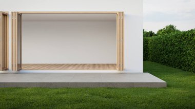 Boş beyaz oda, ahşap çerçeveli cam kapılar bahçeye açılıyor. Modern ev iç mimarisi 3D görüntüleme.
