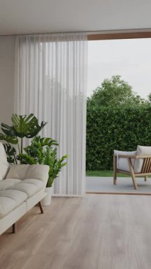 Boş beyaz oda, ahşap çerçeveli cam kapılar bahçeye açılıyor. Modern ev iç mimarisi 3D görüntüleme.