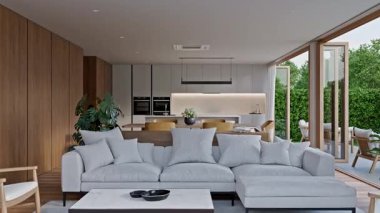 Modern bir evde ya da lüks bir villada, oturma odası ve mutfağın yanındaki parke parke zeminde bir masa. Beyaz ev iç mimarisi bahçe manzaralı 3D.