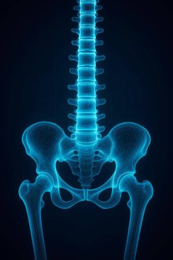 İnsan omurgası ve leğen kemiğinin neon mavi ışıkta parladığını gösteren yüksek detaylı üç boyutlu tıbbi çizim. Fütürist X-ray tarzında iskelet sisteminin anatomik görüntüsü, koyu arkaplanda izole. Tıbbi, bilimsel, eğitici ve yapay zeka teknolojisi için mükemmel. 