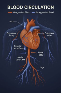 Aort, akciğer atardamarı, pulmoner damarlar, üst vena cava, inferior vena cava ve oksijensiz ve deoksijensiz kanın kan akış yönünü içeren kalp anatomisi diyagramının yüksek detaylı üç boyutlu tıbbi çizimi. İzole et