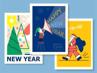 Noel Baba ve Noel 'in Mutlu Yıllar Kartlarının İllüstrasyonu.