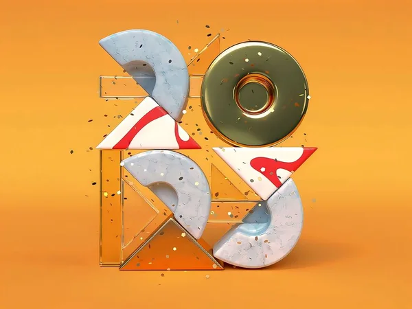 2023 'ün resmi, altın arkaplanlı renkli şekillerle.