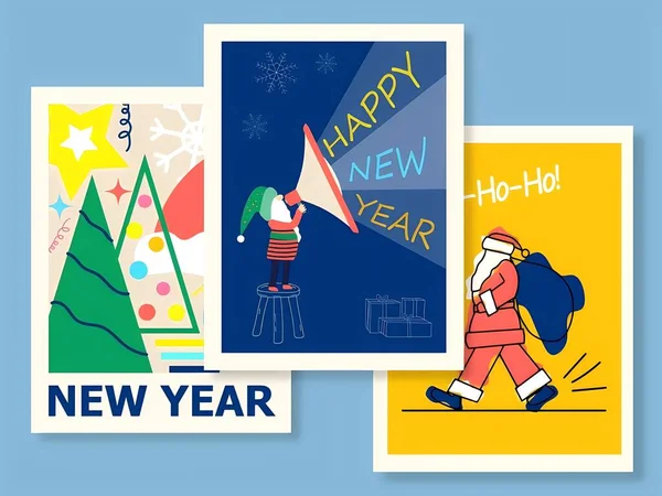 Noel Baba ve Noel 'in Mutlu Yıllar Kartlarının İllüstrasyonu.