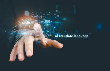 Individuals use the internet and advanced holographic graphics and AI technology for smooth translation. Supports multiple languages such as English, Chinese, Russian, Ukrainian, Japanese, and Thai. clipart