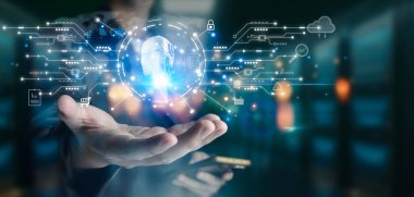 İş adamı, yapay zeka kontrolörüyken geleceğin teknolojisi ve internet bağlantısı ağı kavramını gösteriyor. Elinde havada bir grafik yüzüyordu. Veri merkezi ağ kavramı.