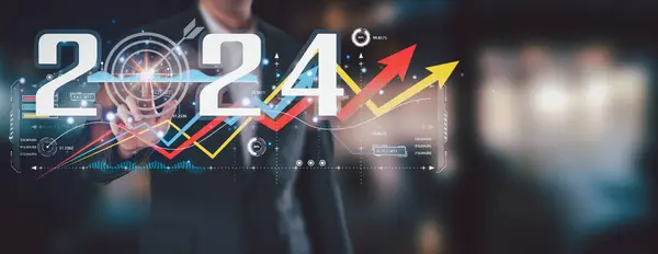 stock image Businessman analyzes business growth plan in 2024, digital marketing strategy, revenue, profit, economy, stock market and business trends. Technical Analysis Strategies Using Future AI Technology
