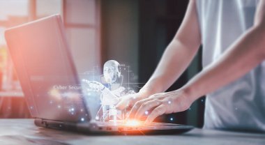 İş adamı, yapay zeka kontrolörüyken geleceğin teknolojisi ve internet bağlantısı ağı kavramını gösteriyor. Elinde havada bir grafik yüzüyordu. Veri merkezi ağ kavramı.