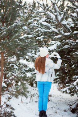 A snowy coniferous forest in January in Ukraine. The girl walks and enjoys the beautiful winter nature