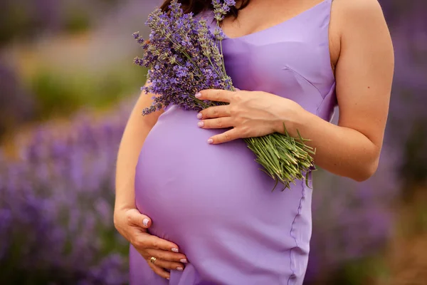 A pregnant girl holds a bouquet of lavender near her tummy