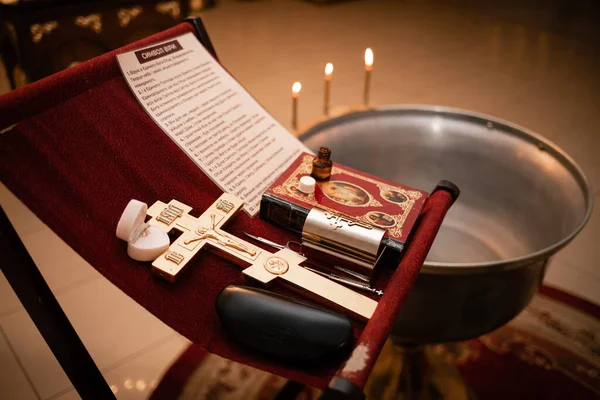 Vinnytsia, Ukraine. September 20, 2022. All details for the Sacrament of Baptism of a child in the Orthodox Church