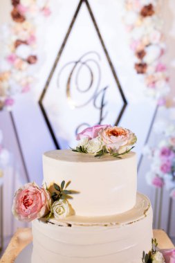 Delicious cake at the wedding. Big background behind. Holiday of a young family