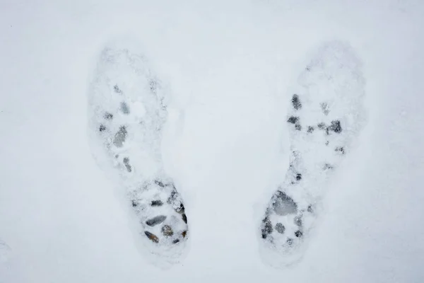 Footprints in the snow. Winter and lots of frost in December. Festive atmosphere