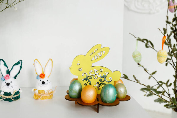 Colorful painted eggs for Easter. Ukrainian traditions