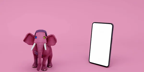 Pink elephant with pink background and smartphone screen