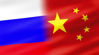 Rusya ve Çin Bayrağı. Rüzgarda sallanan dalga döngüsü. Gerçekçi Rusya, Çin Bayrağına Karşı