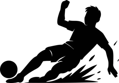 Bir futbolcunun güçlü siyah siluet vektörü topu yakalamak için kayarak top sürüyor. Dinamik hareket çizgileri ve temel bir duruş ile bu illüstrasyon spor grafikleri, futbol stratejisi görselleri veya atletik tasarım temaları için idealdir.