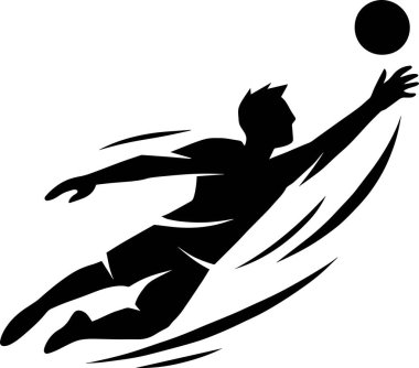 Topu kurtarmak için havada dalan bir futbol kalecisinin siyah siluet vektörünü vururken, geniş hareket çizgileri hız ve çevikliği vurguluyor. Futbol grafikleri, takım posterleri ve spor markalaşma malzemeleri için mükemmel..