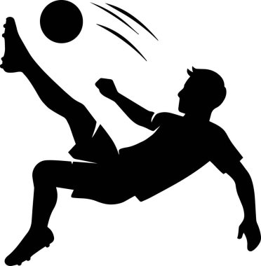 Bir futbol oyuncusunun dinamik siyah silueti uçan bir top ve hareket çizgileriyle bisiklet tekmesi atıyor. Bu temiz ve cesur vektör çizimi, sporla ilgili tasarımlar, posterler ve t için mükemmel olan futbol hareketinin enerjisini ve hareketini yakalar.