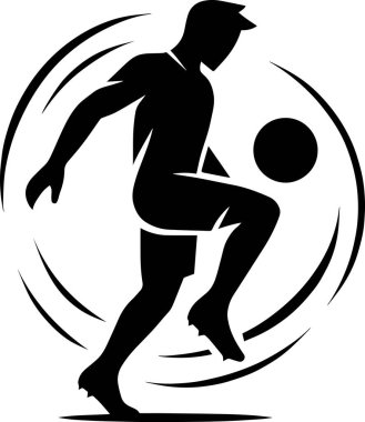 Bir futbolcunun temiz siyah siluet vektörü topun artistik hareket eğrileriyle hokkabazlık yapıyor, kontrolü, beceriyi ve odaklanmayı temsil ediyor. Futbol eğitim grafikleri, serbest stil futbol kavramları, spor markalaşması ve yetenek tabanlı görseller için ideal