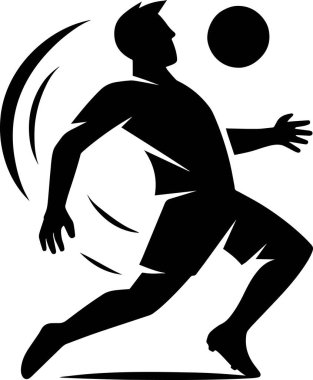 Bir futbolcunun asgari siyah siluet vektörü, dinamik hareket eğrileriyle çevrili, topu göğsüyle kontrol etmeye hazırlanıyor. Futbol eğitimi görselleri, yetenek dersleri, spor markalaşması ve hareketli grafik projeleri için mükemmel.