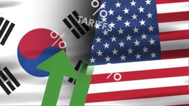 Animasyon yeşil okları ve yüzde işaretleri olan Güney Kore ve ABD bayrakları yükselen gümrük vergilerini ve uluslararası ticaret dinamiklerini sembolize ediyor. Küresel finans veya ekonomi üzerine stok videoları için harika.