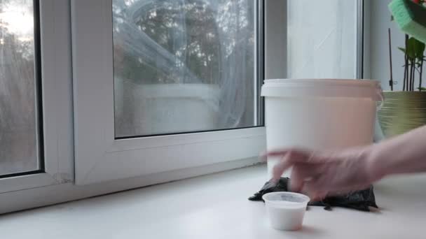 Vorbereitung Für Das Fensterwaschen Reinigungsmittel Wasser Scheibenwischer Handschuhe Puder Waschlappen — Stockvideo
