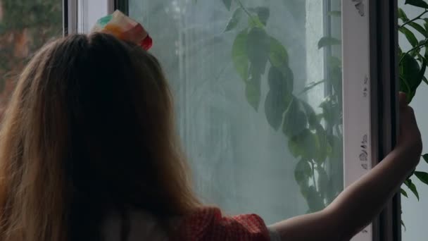 Pencereyi Çift Camlı Camda Çok Fazla Kir Var Kız Pencereden — Stok video