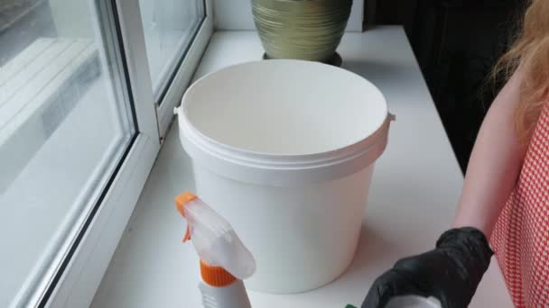 Vorbereitung Für Das Fensterwaschen Reinigungsmittel Wasser Scheibenwischer Handschuhe Puder Waschlappen — Stockvideo