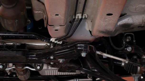 Inspecionar Parte Inferior Carro Carro Mecânico Reparação Automóvel Protecção Parte — Vídeo de Stock