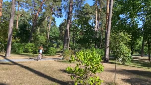 森の中の自転車でのアクティブなレクリエーション方法 サイクリング バケーション 公園で自転車に乗っている女性 市立公園を散歩する スポーツ休暇 高品質の4Kビデオ — ストック動画