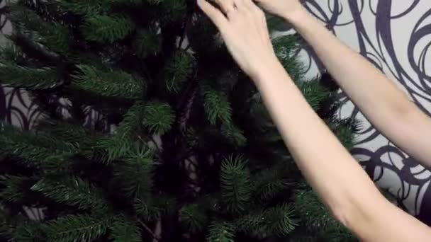 Dívka Novoroční Čepici Zdobí Umělý Vánoční Stromek Žena Červené Čepici — Stock video