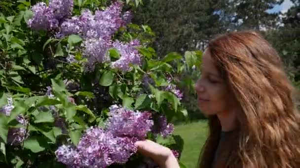 Recreo Aire Libre Chica Con Flores Lila Jardín Botánico Primavera — Vídeo de stock