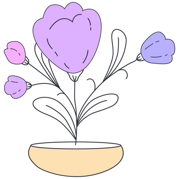 これは葉のついた鍋の中の花のイラストです 花や葉を持つ枝の手描きベクトルイラスト — ストックベクタ