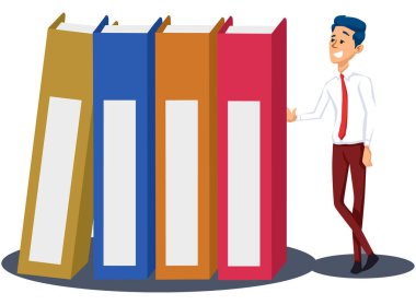 Elinde klasörle beyaz takım elbiseli bir adam. 