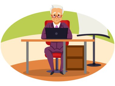 Takım elbiseli kıdemli iş adamı evden çalışıyor. vektör illüstrasyonu 