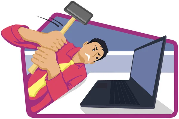 Ilustração Trabalhador Usando Computador Portátil Para Remover Martelo Tela Computador — Vetor de Stock