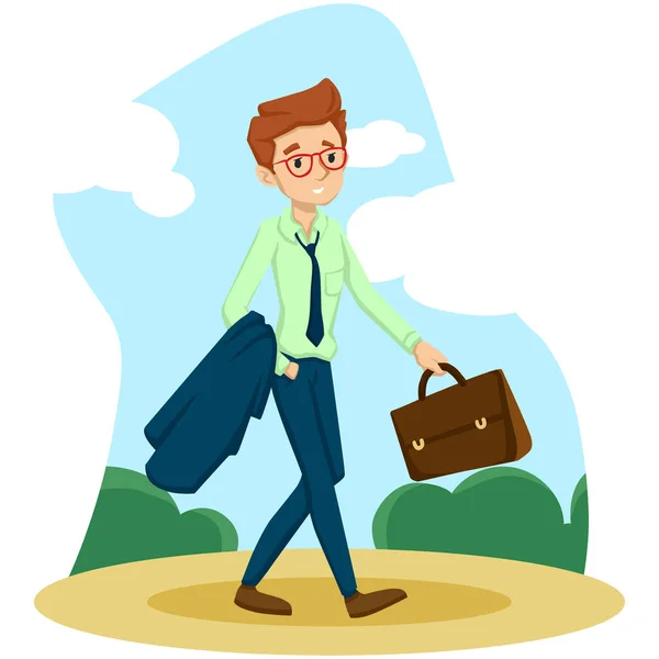 Stock vector young business man walking with briefcase and bag. 