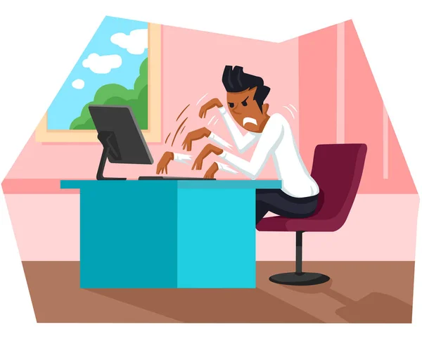 腕を上げてパソコンで働いてる男が ベクトルイラスト フラット漫画のキャラクター — ストックベクタ