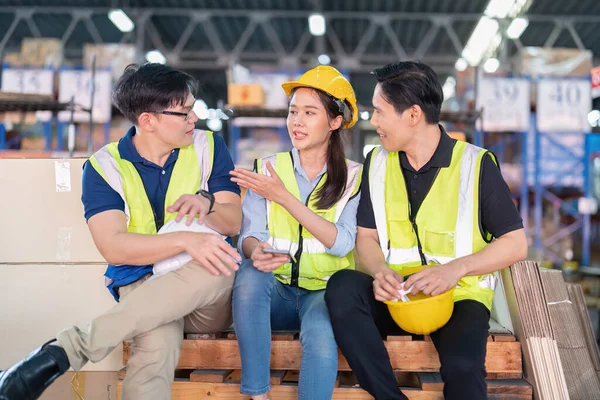 Staff Large Storage Warehouse Together Sit Back Relax Funny Laughing — Stock Photo, Image