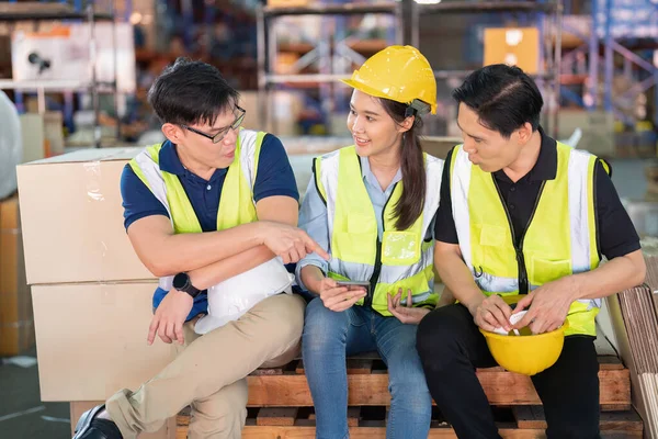 Staff Large Storage Warehouse Together Sit Back Relax Funny Laughing — Stock Photo, Image
