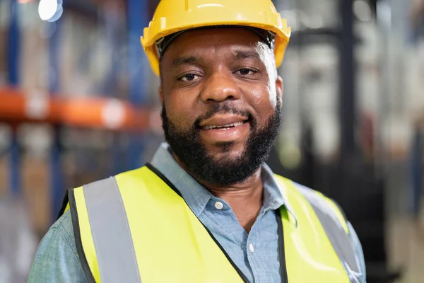 African American Working Warehouse Checking Forklift Smiling Portrait — Stock Photo, Image