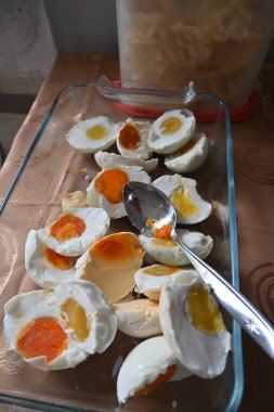 boiled salted duck eggs served on the table.