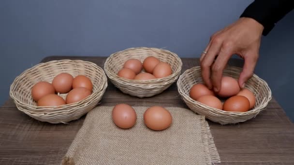 すべての卵を1つのバスケットの概念に入れないでください 籐製の籠の中の卵 — ストック動画